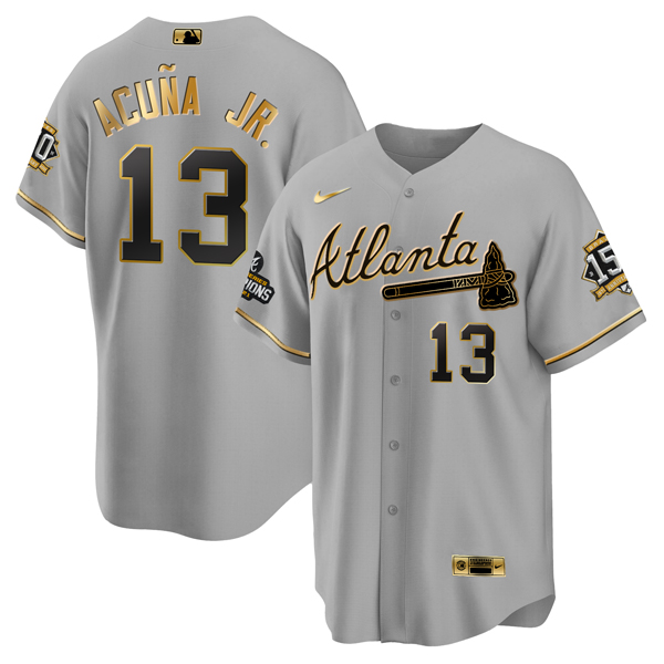 Men's Atlanta Braves #13 Ronald Acuña Jr. 2021 Gray/Gold World Series Champions With 150th Anniversary Patch Cool Base Stitched Jersey